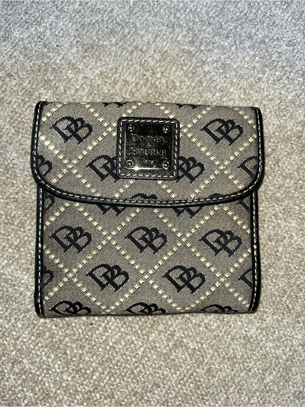Dooney & Bourke Beige Canvas Bifold Wallet with Black Logo Trim